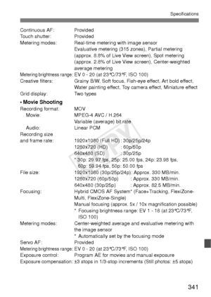 Page 341341
Specifications
Continuous AF: Provided
Touch shutter: Provided
Metering modes: Real-time metering with image sensorEvaluative metering (315 zones), Partial metering 
(approx. 8.8% of Live View screen), Spot metering 
(approx. 2.8% of Live View screen), Center-weighted 
average metering
Metering brightness range: EV 0 - 20 (at 23°C/73°F, ISO 100)
Creative filters: Grainy B/W, Soft focus, Fish-eye effect, Art bold effect,  Water painting effect, Toy camera effect, Miniature effect
Grid display: Two...