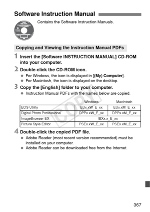 Page 367367
Contains the Software Instruction Manuals.
1Insert the [Software INSTRUCTION MANUAL] CD-ROM 
into your computer.
2Double-click the CD-ROM icon.
 For Windows, the icon is displayed in [ (My) Computer].
  For Macintosh, the icon is displayed on the desktop.
3Copy the [English] folder to your computer.
 Instruction Manual PDFs with the names below are copied.
4Double-click the copied PDF file.
 Adobe Reader (most recent version recommended) must be 
installed on your computer.
  Adobe Reader can be...