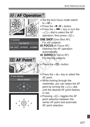 Page 377377
Quick Reference Guide
Press the  button.
Press the  key to select the 
AF point.
While looking through the  viewfinder, you can select the AF 
point by turning the < 6> dial 
until the desired AF point flashes 
in red. 
Pressing  toggles the AF 
point selection between the 
center AF point and automatic 
AF point selection.
S AF PointN
Set the lens focus mode switch  to .
Press the  button. 
Press the  key or turn the   dial to select the AF 
operation, then press < 0>.
X(One-Shot AF):
 For...