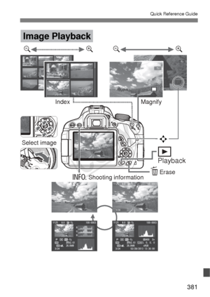 Page 381381
Quick Reference Guide
yuyu
Image Playback
Magnify
Index
Erase
Playbackx
L
Select image
BShooting information
S
COPY  