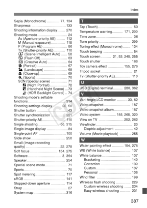 Page 387387
Index
Sepia (Monochrome) ............. 77, 134
Sharpness ....................................133
Shooting information display ........  270
Shooting mode ............................... 24Av (Aperture-priority AE) .........  112
M (Manual exposure)...............  115
P (Program AE) ......................... 86
Tv (Shutter-priority AE) ............  110
A  (Scene Intelligent Auto) ...... 58
7  (Flash Off)............................ 63
C  (Creative Auto) .................... 64
2  (Portrait)...