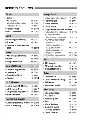 Page 88
Power
 Battery• Charging Î p.28
• Installing/Removing Î p.30
• Battery check Î p.35
 Power outlet Î p.306
 Auto power off Î p.34
Card
 Installing/Removing Î p.31
 Format Î p.48
 Release shutter without  card Î p.204
Lens
 Attaching/Detaching Î p.39
 Zoom Î p.40
 Image Stabilizer Î p.41
Basic Settings
 Dioptric adjustment Î p.42
 Language Î p.38
 Zone/Date/Time Î p.36
 Beeper Î p.204
LCD Monitor
 Using the LCD Monitor Î p.33
 LCD auto off/on Î p.217
 Brightness adjustment Î p.205
 Touch screen Î p.53...