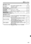 Page 323323
3 Menu Settings
 Movie 1 (Red)Page
 Movie 2  (Red)
* In Basic Zone modes, [ Sound recording] will be set to [On/Off].
AF method
u
+Tracking / FlexiZone - Multi / 
FlexiZone - Single196
Movie Servo AF
Enable / Disable196
AF with shutter button 
during  k
ONE SHOT / Disable197
Grid display
Off / Grid 1 l / Grid 2 m198
Metering timer4 sec. / 16 sec. / 30 sec. / 1 min. / 10 min. / 
30 min.198
Movie recording size
1920x1080 ( 6/5 /4 ) / 1280x720 ( 8/7 ) /
640x480 ( 6/5)185
Sound recording*
Sound...