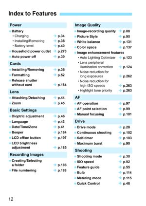 Page 1212
Power
Battery• Charging  p.34
• Installing/Removing  p.36
• Battery level  p.40
Household power outlet  p.270
Auto power off  p.39
Cards
Installing/Removing  p.36
Formatting  p.52
Release shutter  without card  p.184
Lens
Attaching/Detaching  p.44
Zoom  p.45
Basic Settings
Dioptric adjustment  p.46
Language  p.43
Date/Time/Zone  p.41
Beeper  p.184
LCD off/on button  p.197
LCD brightness  adjustment  p.185
Recording Images
Creating/Selecting 
a folder  p.186
File...