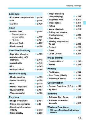 Page 1313
Index to Features
Exposure
Exposure compensation p.116
AEB  p.118
AE lock  p.120
Flash
Built-in flash  p.104
• Flash exposure  compensation  p.117
• FE lock  p.121
External flash  p.272
Flash control  p.198
Live View Shooting
Live View shooting  p.139
Autofocusing (AF)  methods  p.148
Aspect ratio  p.146
Grid  p.145
Quick Control  p.144
Movie Shooting
Movie shooting  p.159
Sound recording  p.178
Grid  p.179
Manual exposure  p.162
Quick Control  p.167
Video snapshot ...