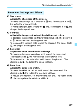 Page 127127
A Customizing Image Characteristics N
 Sharpness
Adjusts the sharpness of the subject.
To make it less sharp, set it toward the  E end. The closer it is to E , 
the softer the image will look.
To make it sharper, set it toward the  F end. The closer it is to  F, the 
sharper the image will look.
 Contrast Adjusts the image contrast and the vividness of colors.
To decrease the contrast, set it towa rd the minus end. The closer it is 
to G , the more muted the image will look.
To increase the contrast,...