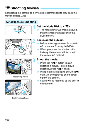 Page 160160
Connecting the camera to a TV set is recommended to play back the movies shot (p.226).
1Set the Mode Dial to .
The reflex mirror will make a sound, 
then the image will appear on the 
LCD monitor.
2Focus on the subject.
 Before shooting a movie, focus with 
AF or manual focus (p.148-156).
 When you press the shutter button 
halfway, the camera will focus with 
the current AF method.
3Shoot the movie.
Press the < A> button to start 
shooting a movie. To stop movie 
shooting, press < A> again.
...