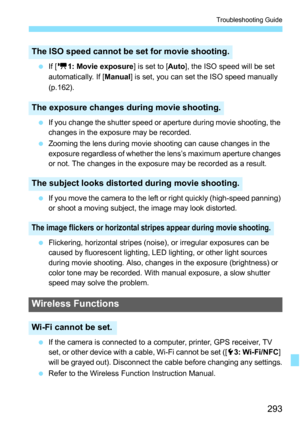 Page 293293
Troubleshooting Guide
If [k 1: Movie exposure ] is set to [Auto], the ISO speed will be set 
automatically. If [Manual ] is set, you can set the ISO speed manually 
(p.162).
 If you change the shutter speed or aperture during movie shooting, the 
changes in the exposure may be recorded.
 Zooming the lens during movie shooting can cause changes in the 
exposure regardless of whether the lens’s maximum aperture changes 
or not. The changes in the exposure may be recorded as a result.
 If you move...