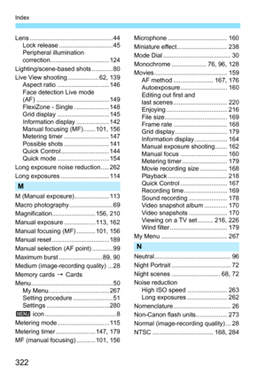 Page 322322
Index
Lens ................................................ 44Lock release ............................... 45
Peripheral illumination 
correction.................................. 124
Lighting/scene-based shots ............ 80
Live View shooting .................. 62, 139 Aspect ratio .............................. 146
Face detection Live mode 
(AF) .......................................... 149
FlexiZone - Single .................... 148
Grid display .............................. 145
Information...