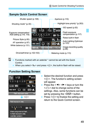 Page 4949
Q Quick Control for Shooting Functions
 Select the desired function and press 
. The function’s setting screen 
will appear.
 Press the < Y> < Z> keys or turn the 
< 6 > dial to change some of the 
settings. Also, some functions can be 
set by pressing the < B> button.
 Press < 0> to finalize the setting and 
return to the Quick Control screen.
Sample Quick Control Screen
Function Setting Screen
Shutter speed (p.108)
Flash exposure 
compensation (p.117)
AF operation (p.97)
Shooting mode* (p.30)...