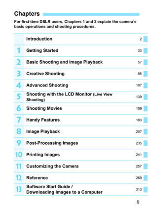 Page 99
For first-time DSLR users, Chapters 1 and 2 explain the camera’s 
basic operations and shooting procedures.
Chapters
Introduction2
Getting Started33
Basic Shooting and Image Playback57
Creative Shooting85
Advanced Shooting107
Shooting with the LCD Monitor (Live View 
Shooting)139
Shooting Movies159
Handy Features183
Image Playback207
Post-Processing Images235
Printing Images241
Customizing the Camera257
Reference269
Software Start Guide / 
Downloading Images to a Computer313
1
2
3
4
5
6
7
8
9
10
11
12
13 