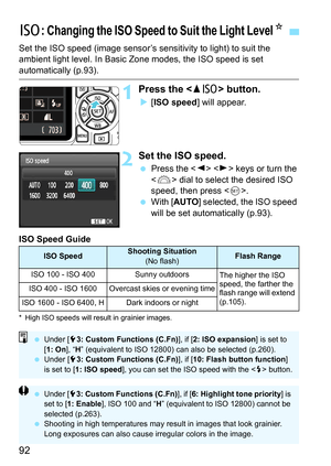 Page 9292
Set the ISO speed (image sensor’s sensitivity to light) to suit the 
ambient light level. In Basic Zone modes, the ISO speed is set 
automatically (p.93).
1Press the  button.
[ISO speed ] will appear.
2Set the ISO speed.
Press the < Y> < Z> keys or turn the 
< 6 > dial to select the desired ISO 
speed, then press < 0>.
 With [ AUTO ] selected, the ISO speed 
will be set automatically (p.93).
ISO Speed Guide
* High ISO speeds will result in grainier images.
i: Changing the ISO Speed to Suit the...