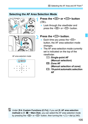 Page 105105
S Selecting the AF Area and AF Point K
1Press the  or  button 
(9 ).
Look through the viewfinder and 
press the < S> or < B> button.
2Press the  button.
Each time you press the  
button, the AF area selection mode 
changes.
 The AF area selection mode currently 
set is indicated on the top of the 
viewfinder.
h : Single-point AF 
(Manual selection)
q :Zone AF 
(Manual selection of zone)
r : 19-point automatic selection 
AF
Selecting the AF Area Selection Mode
AF area selection mode
Under [ 54:...