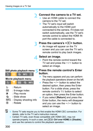 Page 300Viewing Images on a TV Set
300
2Connect the camera to a TV set.
Use an HDMI cable to connect the 
camera to the TV set.

The TV set’s input will switch 
automatically to the HDMI port 
connected to the camera. If it does not 
switch automatically, use the TV set’s 
remote control to select the HDMI IN 
port the cable is connected to.
3Press the camera’s < x> button.
An image will appear on the TV 
screen and you can use the TV set’s 
remote control to play back images.
4Select an image.
 Point the...