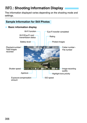 Page 306306
The information displayed varies depending on the shooting mode and settings.
Basic information display
B : Shooting Information Display
Sample Information for Still Photos
Folder number - 
File number
Rating
Playback number/ 
Total images 
recorded Protect images
Eye-Fi transfer completed
Battery level
Image-recording 
quality
ISO speed
Exposure compensation 
amount Wi-Fi function
Shutter speed Aperture
Wi-Fi/Eye-Fi card 
transmission status
Highlight tone priority 