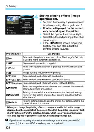 Page 324w Printing
324
4Set the printing effects (image 
optimization).
Set them if necessary. If you do not need 
to set any printing effects, go to step 5.
Contents displayed on the screen 
vary depending on the printer.
 Select the option, then press .
 Select the desired printing effect, then 
press < 0>.
 If the < ze> icon is displayed 
brightly, you can also adjust the 
printing effects (p.326).
*When you change the printing effects, changes are reflected in the image 
displayed on the upper left of...