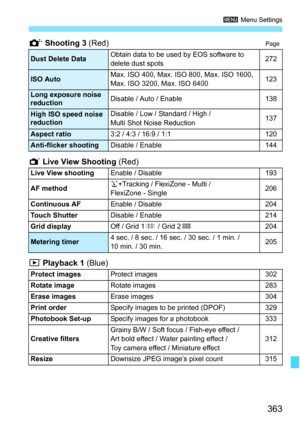 Page 363363
3 Menu Settings
t Shooting 3 (Red)Page
i Live View Shooting  (Red) 
1  Playback 1 (Blue)
Dust Delete DataObtain data to be used by EOS software to 
delete dust spots272
ISO AutoMax. ISO 400, Max. ISO 800, Max. ISO 1600,
Max. ISO 3200, Max. ISO 6400123
Long exposure noise 
reductionDisable / Auto / Enable138
High ISO speed noise 
reductionDisable / Low / Standard / High / 
Multi Shot Noise Reduction137
Aspect ratio3:2 / 4:3 / 16:9 / 1:1120
Anti-flicker shootingDisable / Enable144
Live View shooting...