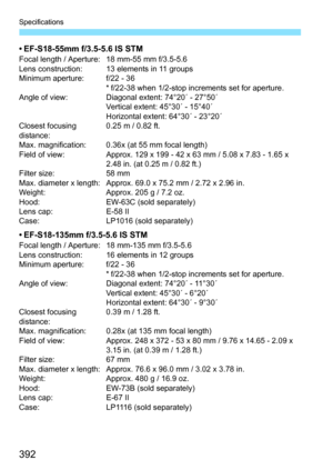 Page 392Specifications
392
• EF-S18-55mm f/3.5-5.6 IS STMFocal length / Aperture: 18 mm-55 mm f/3.5-5.6
Lens construction: 13 elements in 11 groups
Minimum aperture: f/22 - 36* f/22-38 when 1/2-stop increments set for aperture.
Angle of view: Diagonal extent: 74°20´ - 27°50´ Vertical extent: 45°30´ - 15°40´
Horizontal extent: 64°30´ - 23°20´
Closest focusing 
distance: 0.25 m / 0.82 ft.
Max. magnification: 0.36x (at 55 mm focal length)
Field of view:
Approx. 129 x 199 - 42 x 63 mm / 5.08 x 7.83 - 1.65 x 
2.48...