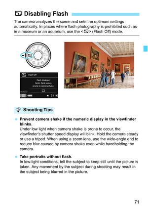 Page 7171
The camera analyzes the scene and sets the optimum settings 
automatically. In places where flash photography is prohibited such as 
in a museum or an aquarium, use the < 7> (Flash Off) mode.
 Prevent camera shake if the numeric display in the viewfinder 
blinks.
Under low light when camera shake is prone to occur, the 
viewfinder’s shutter speed display will blink. Hold the camera steady 
or use a tripod. When using a zoom  lens, use the wide-angle end to 
reduce blur caused by camera shake even...