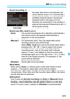 Page 251251
3 Menu Function Settings
Sound recording  J
Normally, the built-in microphones will 
record stereo sound. If a commercially-
available external stereo microphone 
equipped with a mini plug (3.5 mm 
diameter) is connected to the camera’s 
external microphone IN terminal (p.26), it 
will be given priority.
[Sound rec./Rec. level ] options
[Auto ] : The sound-recording level is adjusted automatically. 
Auto level control will operate automatically in 
response to the sound level.
[Manual] : For...