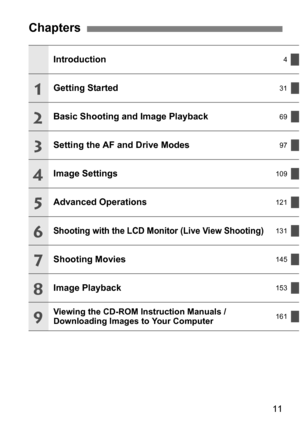 Page 1111
Chapters
Introduction4
Getting Started31
Basic Shooting and Image Playback69
Setting the AF and Drive Modes97
Image Settings109
Advanced Operations121
Shooting with the LCD Monitor (Live View Shooting)131
Shooting Movies145
Image Playback153
Viewing the CD-ROM Instruction Manuals / 
Downloading Images to Your Computer161
1
2
3
4
5
6
7
8
9 