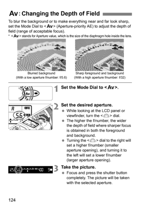 Page 124124
To blur the background or to make everything near and far look sharp, 
set the Mode Dial to  (Aperture-priority AE) to adjust the depth of 
field (range of acceptable focus).
*< f > stands for Aperture value, which is the size of the diaphragm hole inside the lens.
1Set the Mode Dial to < f>.
2Set the desired aperture.
While looking at the LCD panel or 
viewfinder, turn the < 6> dial.
 The higher the f/number, the wider 
the depth of field where sharper focus 
is obtained in both the foreground...