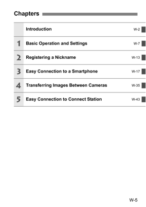 Page 179W-5
Chapters
IntroductionW-2 
Basic Operation and SettingsW-7
Registering a NicknameW-13
Easy Connection to a SmartphoneW-17
Transferring Images Between CamerasW-35
Easy Connection to Connect StationW-43
1
2
3
4
5 
