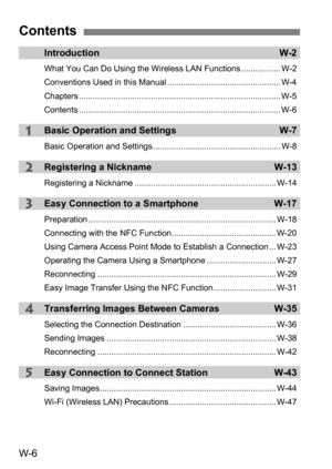 Page 180W-6
5
4
2
1
3
IntroductionW-2
What You Can Do Using the Wireless LAN Functions ................. W-2
Conventions Used in this Manual ................................................. W-4
Chapters ....................................................................................... W-5
Contents ....................................................................................... W-6
Basic Operation and Settings W-7
Basic Operation and Settings ..........................................................