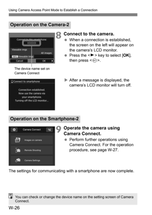 Page 200W-26
Using Camera Access Point Mode to Establish a Connection
8Connect to the camera.
When a connection is established, 
the screen on the left will appear on 
the camera’s LCD monitor.
 Press the < Z> key to select [ OK], 
then press < 0>.
 After a message is displayed, the 
camera’s LCD monitor will turn off.
9Operate the camera using 
Camera Connect.
 Perform further operations using 
Camera Connect. For the operation 
procedure, see page W-27.
The settings for communicating with a smartphone are...