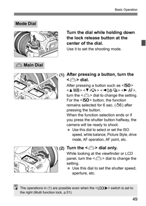 Page 4949
Basic Operation
Turn the dial while holding down 
the lock release button at the 
center of the dial.
Use it to set the shooting mode.
(1)After pressing a button, turn the 
<
6> dial.
After pressing a button such as < g> 
< W B>   , 
turn the < 6> dial to change the setting.
For the < g> button, the function 
remains selected for 6 sec. ( 9) after 
pressing the button.
When the function selection ends or if 
you press the shutter button halfway, the 
camera will be ready to shoot.

Use this dial to...