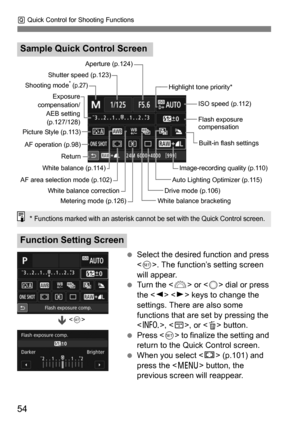 Page 54Q Quick Control for Shooting Functions
54
 Select the desired function and press 
. The function’s setting screen 
will appear.
 Turn the < 6> or < 5> dial or press 
the < Y> < Z> keys to change the 
settings. There are also some 
functions that are set by pressing the 
< B >, <
B>, or < L> button.
 Press < 0> to finalize the setting and 
return to the Quick Control screen.
 When you select < r> (p.101) and 
press the < M> button, the 
previous screen will reappear.
Sample Quick Control Screen...