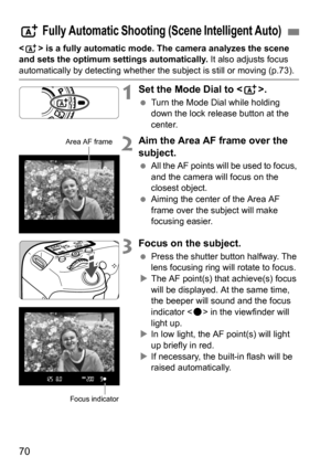 Page 7070
 is a fully automatic mode. The camera analyzes the scene 
and sets the optimum settings automatically.  It also adjusts focus 
automatically by detecting whether the subject is still or moving (p.73).
1Set the Mode Dial to .
Turn the Mode Dial while holding 
down the lock release button at the 
center.
2Aim the Area AF frame over the 
subject.
All the AF points will be used to focus, 
and the camera will focus on the 
closest object.
 Aiming the center of the Area AF 
frame over the subject will...