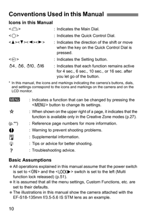 Page 1010 Icons in this Manual
 : Indicates the Main Dial.
< 5 > : Indicates the Quick Control Dial.
< W > : Indicates the direction of the shift or move 
when the key on the Quick Control Dial is 
pressed.
< 0 > : Indicates the Setting button.
0 , 9, 7 , 8 : Indicates that each function remains active 
for 4 sec., 6 sec., 10 sec., or 16 sec. after 
you let go of the button.
* In this manual, the icons and markings  indicating the camera’s buttons, dials, 
and settings correspond to the icons and markings on...