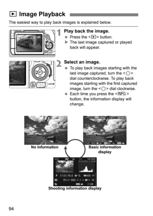 Page 9494
The easiest way to play back images is explained below.
1Play back the image.
Press the < x> button.
 The last image captured or played 
back will appear.
2Select an image.
 To play back images  starting with the 
last image captured, turn the < 5> 
dial counterclockwise. To play back 
images starting with the first captured 
image, turn the < 5> dial clockwise.
 Each time you press the  
button, the information display will 
change.
x  Image Playback
No information Basic information
display...