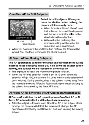 Page 9999
f: Changing the Autofocus Operation K
Suited for still subjects. When you 
press the shutter button halfway, the 
camera will focus only once.
When focus is achieved, the AF point 
that achieved focus will be displayed, 
and the focus indicator < o> in the 
viewfinder will also light up.
 With evaluative metering, the 
exposure setting will be set at the 
same time focus is achieved.
 While you hold down the shutter button halfway, the focus will be 
locked. You can then recompose the shot if...