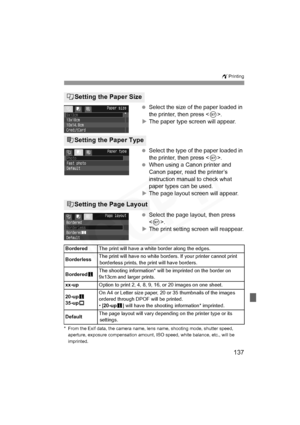 Page 137
137
wPrinting
 Select the size of the paper loaded in 
the printer, then press < 0>.
X The paper type screen will appear.
  Select the type of the paper loaded in 
the printer, then press < 0>.
  When using a Canon printer and 
Canon paper, read the printer’s 
instruction manual to check what 
paper types can be used.
X The page layout screen will appear.
  Select the page layout, then press 
.
X The print setting screen will reappear.
* From the Exif data, the camera name, lens name, shooting mode,...