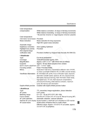 Page 179
179
Specifications
Color temperature 
compensation: White balance correction: ±9 stops in full-stop increments
White balance bracketing: ±3 stops in full-stop increments* Blue/amber direction or magenta/green direction possibleColor temperature information transmission:Provided
Noise reduction: Noise reduction for long exposures High ISO speed noise reduction
Automatic image 
brightness correction: Auto Lighting Optimizer
Highlight tone priority: Provided
Add original image 
verification data: Provided...