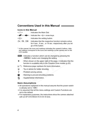 Page 4
4 Icons in this Manual
 : Indicates the Main Dial.
< V >  : Indicate the < S> cross keys.
< 0 > : Indicates the setting button.
0 , 9 , 8 : Indicates that the respective function remains active 
for 4 sec., 6 sec., or 16 sec.  respectively after you let 
go of the button.
* In this manual, the icons and markings  indicating the camera’s buttons, dials, 
and settings correspond to the icons and markings on the camera and on the 
LCD monitor.
3 : Indicates a function which  can be changed by pressing the...