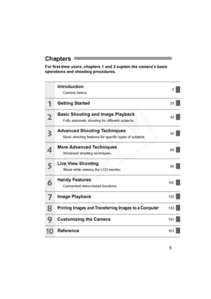 Page 5
5
For first-time users, chapters 1 and 2 explain the camera’s basic 
operations and shooting procedures.
Chapters
Introduction
Camera basics.2
Getting Started23
Basic Shooting and Image Playback
Fully automatic shooting 
for different subjects. 43
Advanced Shooting Techniques
Basic shooting features for s
pecific types of subjects. 55
More Advanced Techniques
Advanced shooting techniques.
69
Live View Shooting
Shoot while viewing the LCD monitor.95
Handy Features
Convenient menu-based functions.107...