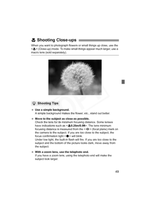 Page 49
49
When you want to photograph flowers or small things up close, use the 
 (Close-up) mode. To make small things appear much larger, use a 
macro lens (sold separately).
  Use a simple background.
A simple background makes the flower, etc., stand out better.
  Move to the subject as close as possible.
Check the lens for its minimum  focusing distance. Some lenses 
have indications such as < 40.25m/0.8ft >. The lens minimum 
focusing distance is measured from the < V> (focal plane) mark on 
the camera to...