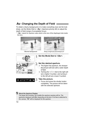 Page 72
72
To obtain a blurry background or to make everything near and far look 
sharp, set the Mode Dial to  (Aperture-priority AE) to adjust the 
depth of field (range of acceptable focus).
*< f > stands for Aperture value which is the size of the diaphragm hole inside 
the lens.
1Set the Mode Dial to < f>.
2Set the desired aperture.
 The higher the aperture, the sharper 
the picture will look with a wider depth 
of field.
  Turning the < 6> dial to the right will 
set a higher f-number, and turning it 
to...