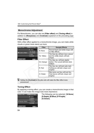 Page 84
A Customizing the Picture Style N
84
For Monochrome, you can also set [Filter effect] and [Toning effect] in addition to [Sharpness] and [Contrast] explained on the preceding page.
Filter Effect
With a filter effect applied to a monochrome image, you can make white 
clouds or green trees stand out more. 
Toning Effect
By applying a toning effect, you can  create a monochrome image in that 
color. It can make the image look more impressive.
The following can be selected: [ N:None] 
[ S:Sepia ] [B:Blue ]...