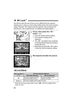 Page 88
88
Use AE lock when the area of focus is to be different from the exposure 
metering area or when you want to take multiple shots at the same exposure 
setting. Press the <
A> button to lock the exposure, then recompose and take the shot. This is called AE lock. It is effective for backlit subjects.
1Focus, then press the  
button.
 ( 0 )
  Press the shutter button halfway.
X The exposure setting will be 
displayed.
X The < A> icon lights in the viewfinder 
to indicate that the exposure setting is...