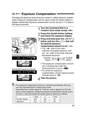 Page 4545
:Exposure Compensation 
Changing the exposure level set by the camera is called exposure compen-
sation. Exposure compensation can be used to make the picture darker or
brighter intentionally. Exposure compensation can be set up to +
/
–2 stops in
half-stop increments.
1Turn the Command Dial to a
Creative Zone mode except < >.
4Take the picture.
2Press the shutter button halfway
and check the exposure display.
3Press and hold down the < >
button and turn the < > dial until
the desired exposure...