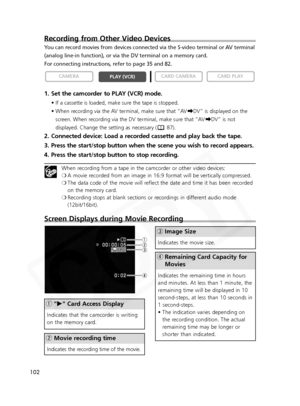 Page 102
102
Screen Displays during Movie Recording
q"e " Card Access Display
w Movie recording time
e Image Size
rRemaining Card Capacity for
Movies
Recording from Other Video Devices
You can record movies from devices connected via the S-video terminal or \
AV terminal
(analog line-in function), or via the DV terminal on a memory card.
For connecting instructions, refer to page 35 and 82.
1. Set the camcorder to PLAY (VCR) mode.
• If a cassette is loaded, make sure the tape is stopped.
• When recording...