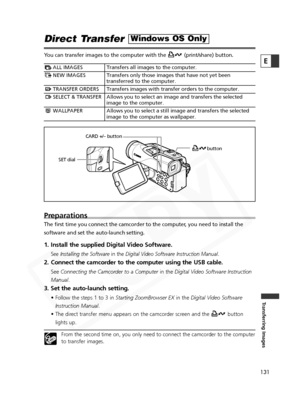 Page 131
131

Transferring Images
E

Direct Transfer 
You can transfer images to the computer with the  (print/share) button.
Preparations
The first time you connect the camcorder to the computer, you need to install the
software and set the auto-launch setting.
1. Install the supplied Digital Video Software.
SeeInstalling the Software in the Digital Video Software Instruction Manual .
2. Connect the camcorder to the computer using the USB cable.
SeeConnecting the Camcorder to a Computer in the Digital Video...