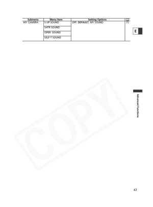 Page 43
43
Advanced Functions
E

Submenu Menu Item Setting Options
MY CAMERA S-UP SOUND OFF,  DEFAULT, MY SOUND 75
SHTR SOUND
OPER. SOUND
SELF-T SOUND  