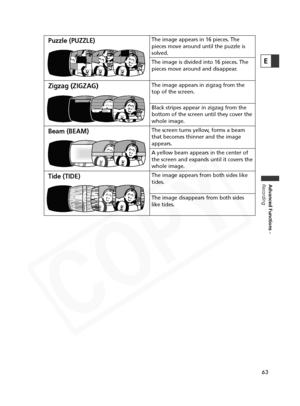 Page 63
63
Advanced Functions -
Recording
E

The image appears in zigzag from the
top of the screen.
Black stripes appear in zigzag from the
bottom of the screen until they cover the
whole image.Zigzag (ZIGZAG)

The screen turns yellow, forms a beam
that becomes thinner and the image
appears.
A yellow beam appears in the center of
the screen and expands until it covers the
whole image.Beam (BEAM)

The image appears from both sides like
tides.
The image disappears from both sides
like tides.Tide (TIDE)

The...