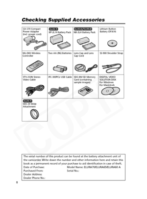 Page 8
8

Checking Supplied Accessories
The serial number of this product can be found at the battery attachment\
 unit of
the camcorder. Write down the number and other information here and retain this
book as a permanent record of your purchase to aid identification in cas\
e of theft.
Date of Purchase: Model Name: ELURA70/ELURA65/ELURA60 A
Purchased From: Serial No.:
Dealer Address:
Dealer Phone No.:

WL-D83 Wireless
ControllerTwo AA (R6) Batteries Lens Cap and Lens
Cap Cord Lithium Button
Battery CR1616...