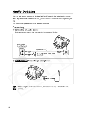 Page 88
88

Audio Dubbing
You can add sound from audio devices (AUDIO IN) or with the built-in mi\
crophone
(MIC. IN). With the ELURA70/ELURA65, you can also use an external micr\
ophone (MIC.
IN).
This function is operated with the wireless controller.
Connecting
qConnecting an Audio Device
Refer also to the instruction manual of the connected device.
w Connecting a Microphone
When using the built-in microphone, do not connect any cables to the MIC
terminal.

AVR L
AUDIOOUTPUT

STV-250N Stereo Video Cable...